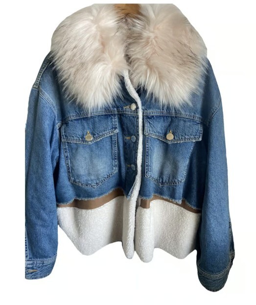 PINKO. Denim/Shearling layered jacket with faux fur collar