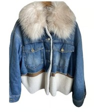 Pinko. Denim/shearling Layered Jacket With Faux Fur Collar