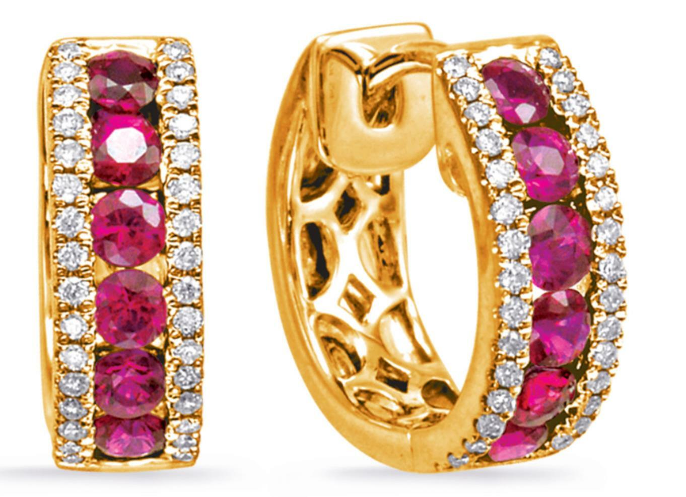 FILA ORECCHINI PENDENTI HUGGIE CLASSICI 3 FILE ORO GIALLO 14KT DIAMANTI E RUBINO AAA 1 13 CT