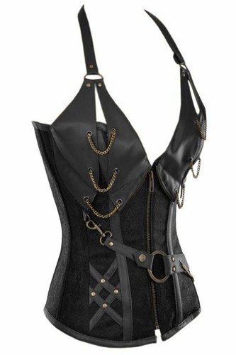 CC79 Steampunk Boned Halter Corset Black PU Leather Gothic Halloween Costume Top - Picture 4 of 4
