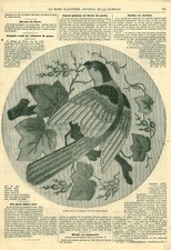 Gravure de mode ancienne 1869 coussin rond ou tabouret de piano issue magazine