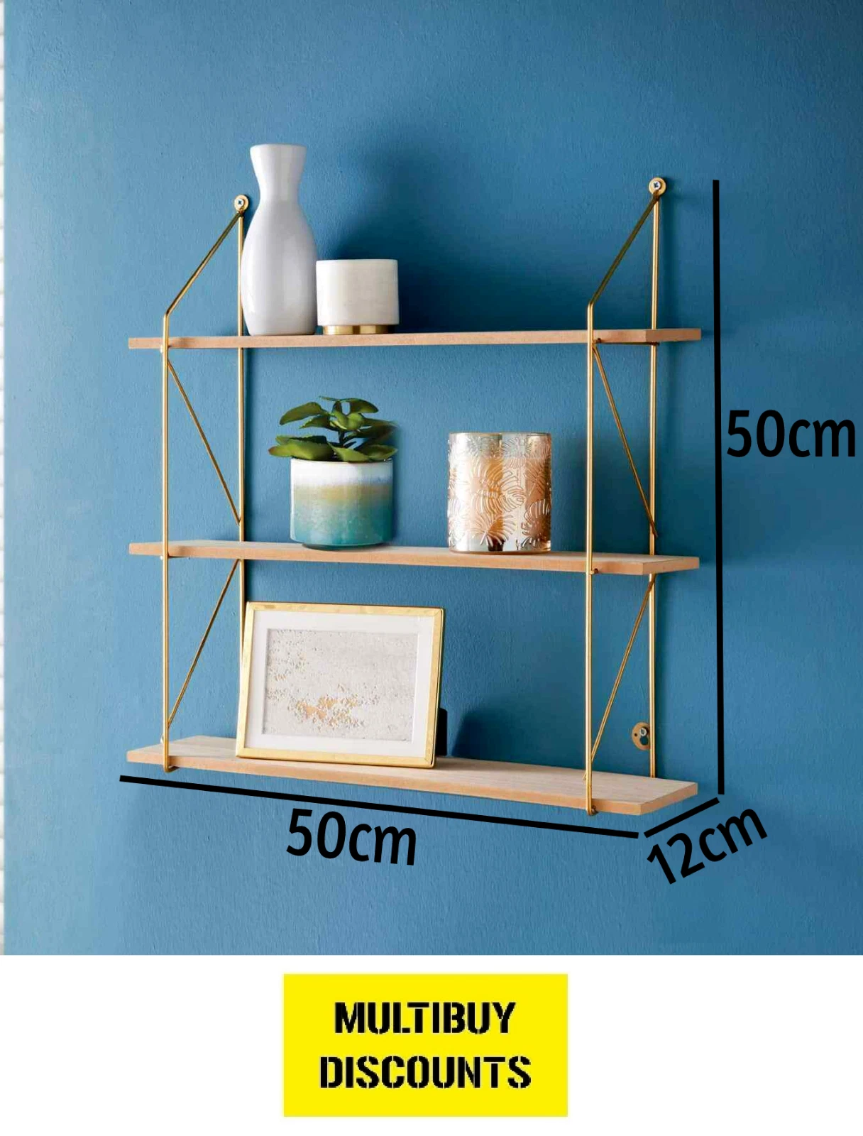 3 Tier Shelf Wall Hanging Shelves Gold Metal Frame Wooden Shelves Storage Decor