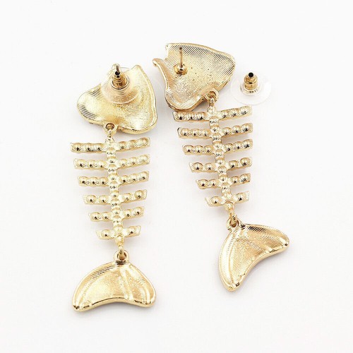 Lovely Enamel Crystal Pearl Fish Bone Skeleton Earbob Dangle Earrings - Picture 4 of 7