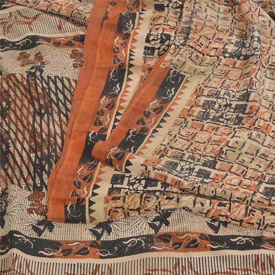 Sanskriti Vintage Saree Multicolor Pure Crepe Silk Floral Print Sari 5Yd Fabric