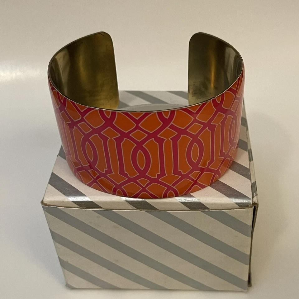 Brazalete Mud Pie Rosa y Naranja Mod Diseño Geométrico 1.5 Pulgadas Ancho con Caja Foto 2 de 4