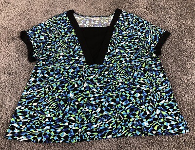 Blue Green Geometric Print Top Womens 4X Short Sleeve Slinky Fabric Career Wear