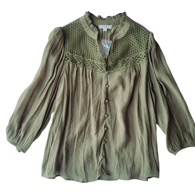 E&M Blouse Womens Small Olive Green Balloon Sleeves Boho Top Full Button NWOT