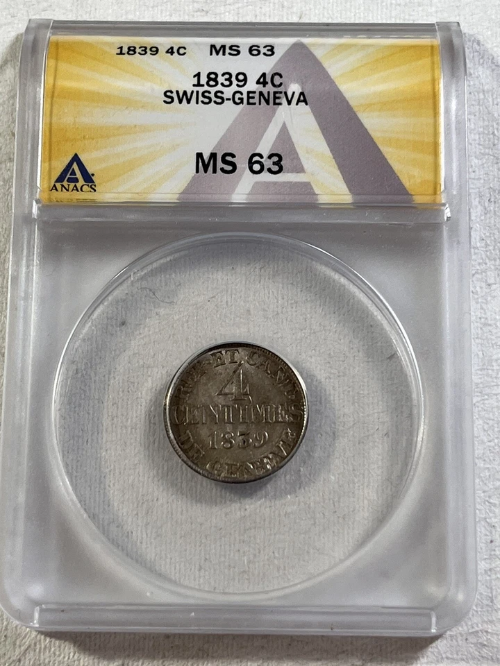 1839 Swiss Canton Geneva 4 Centimes Coin Graded MS 63 by ANACS Low Mintage - Image 2 of 4