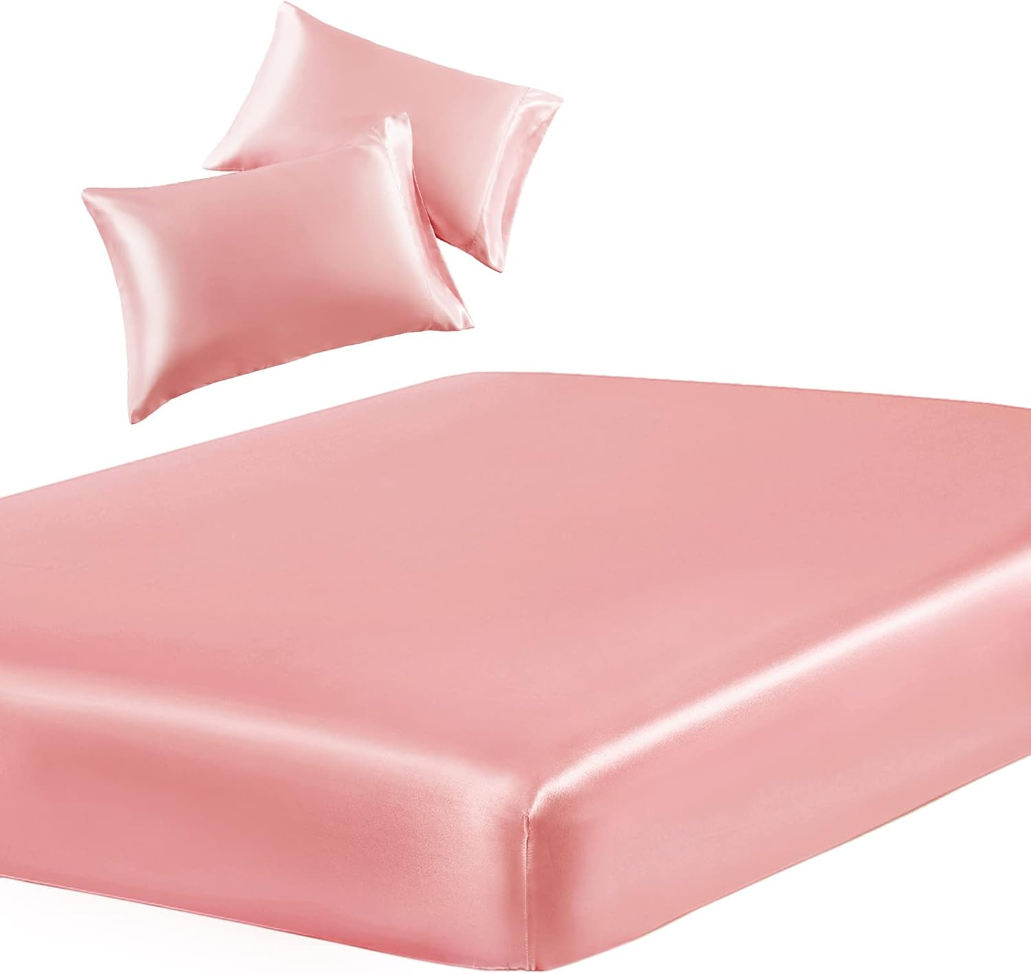 3-Piece Set Satin Queen Fitted Sheet & 2 Pillowcase, Blush Pink Silky Soft Fitte
