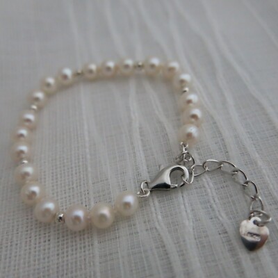 Armband 16cm + 4cm Echte Perle Weiß Rund 6mm 925er Silber, geknotet TOP Geschenk