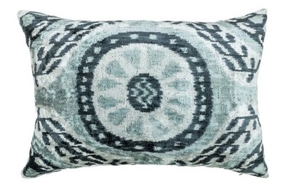 Handmade Uzbek Ikat Silk Linen Lumbar Pillow 16x24 in   Blue Gray Sofa Accent
