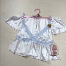 Juicy Couture Pajama Set White Satin Blue Lace Rhinestone Logo JC7480 Medium NEW