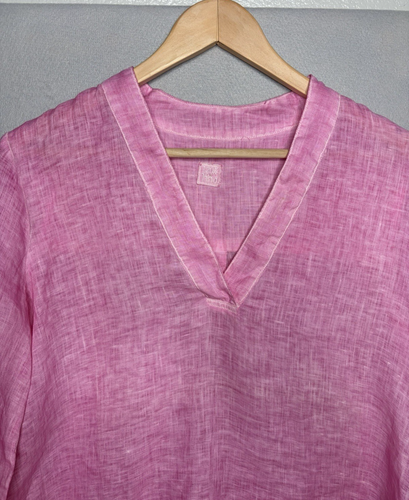 120% Lino Magenta Pink Sz IT42/US Medium 100% Linen Popover V Neck Blouse - Picture 3 of 7