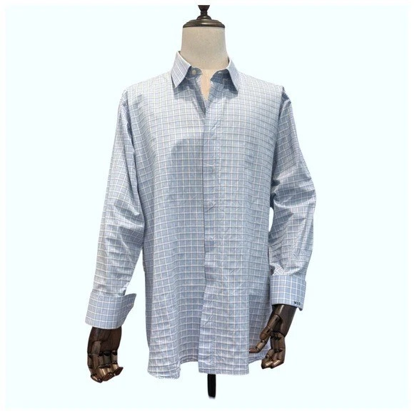 "Camisa de vestir Tom James para hombre azul blanco estampado a cuadros puño francés botón talla 17""" Foto 2 de 4