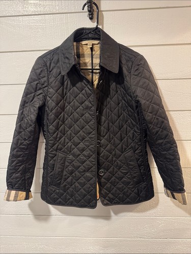 BURBERRY Brit Women’s Black Quilted Jacket with Signature Check Lining- small