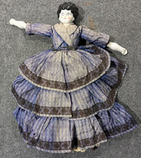 VTG Antique Blue Dress Porcelain Torn Dress Black Hair China Head Doll 18'' Tall