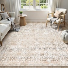 Washable Area Rug 8x10, Beige Non Slip - 0.2 Inch Low-Pile for Living Room