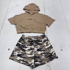 Shein Outfit Set Girls 11-12Y Brown Merci Hoodie Camo Shorts 2 Piece Casual