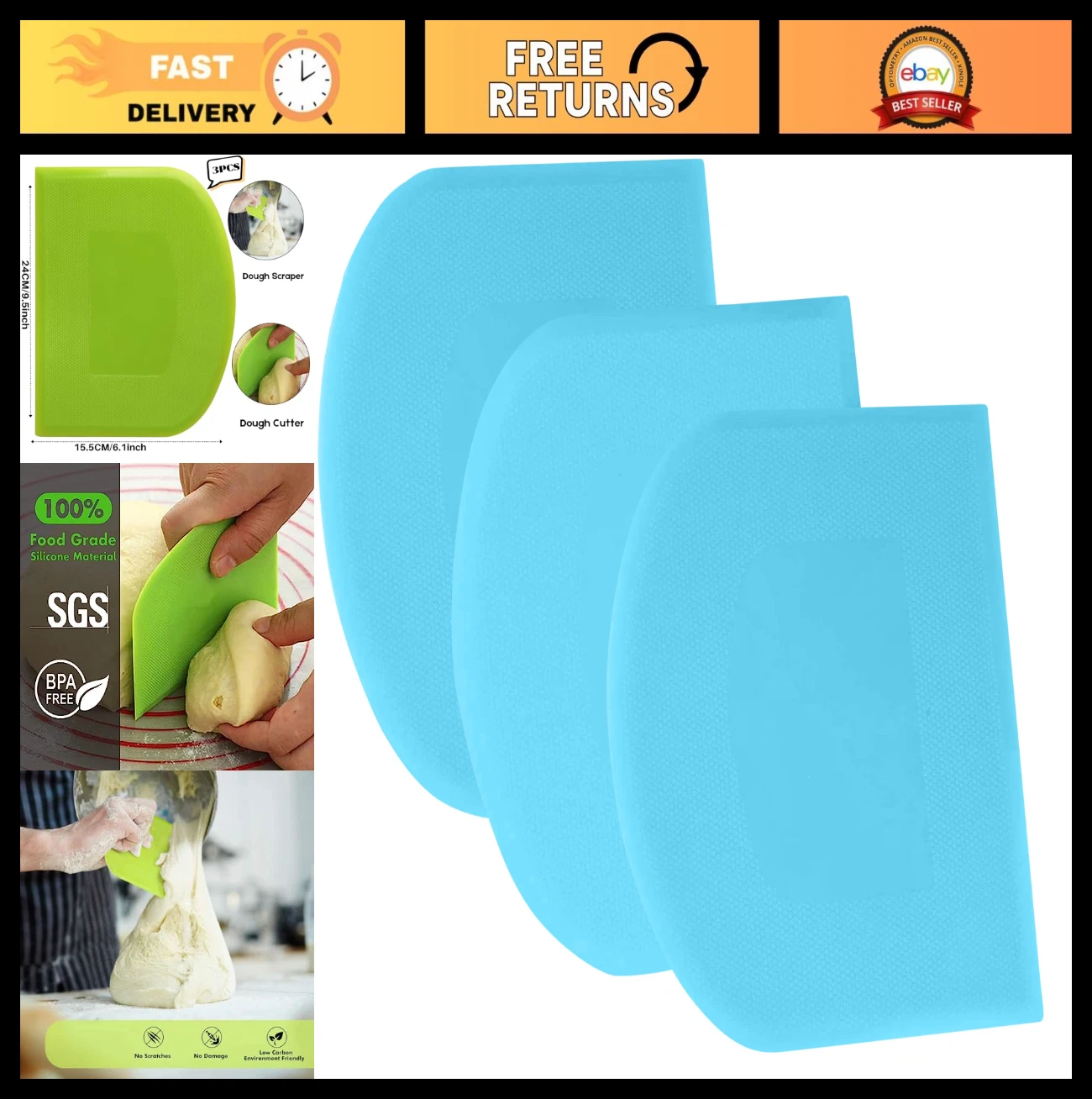 Dough Scraper Set - 3P Plastic Flexible Bench & Bowl Scrapers, Sharp Edge Bakewa
Opens in a new wind