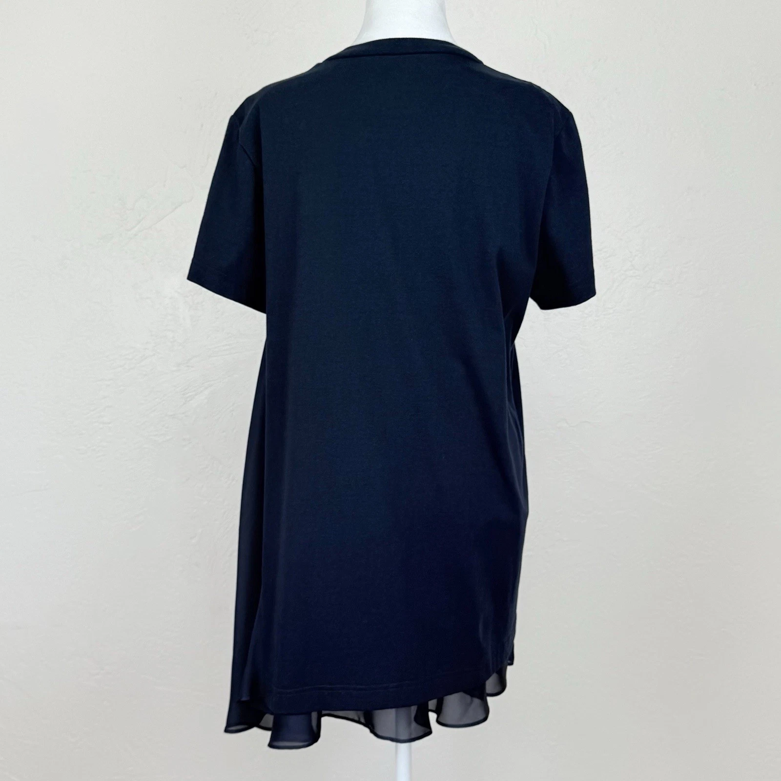 Abito mini t shirt Sacai orlo increspato pannello a contrasto colore navy taglia 3 US 10 L