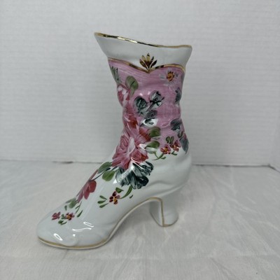 PORCELAIN HAND PAINTED FLORAL BOOT/ SHOE TRIMMED 10KT GOLD FORMALITIES