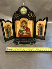 RUSSIAN ORTHODOX RELIGIOUS ICON TRIPTYCH OUR LADY KAZAN BLACK AND GOLD