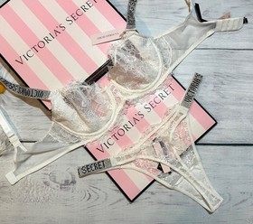 Victoria's Secret Shine Strap Wicked Bra Garter Thong Set Very Sexy Lace White