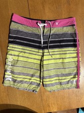 Hurley Phantom Board Shorts Unlined Swim Shorts Yellow Stripe Pink Trim 36x10