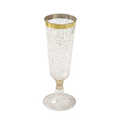 12 Clear 6 oz Glittered Plastic Flutes Champagne Glasses Silver Rim Party Events