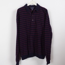 Vintage 90s Lands End Men's Striped Polo Heavy Knit Shirt Large Made in USA Navy