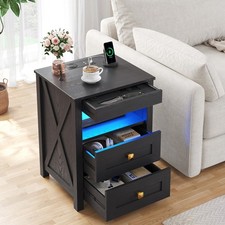 Farmhouse Night Stand with Gun Drawer, LED Lights & Wireless Charging Station