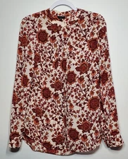 Talbots Women's 4 Washable Silk Nehru Collar Roll Tab Button Up Floral Blouse