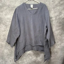 Match Point 100% Linen Top Womens Size L Gray Asymmetric Hem Lagenlook Oversized
