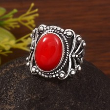 925 Sterling Silver Natural Red Coral Gemstone Jewelry Ring All size US 