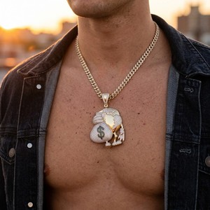 Authentic Money Man Globe Pendant Dollar Sign Moissanite 14K Gold Plated No Chain