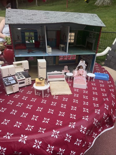 Vintage 1950s Tin Litho Mid Century Dollhouse + Furniture Grey Roof Two Story