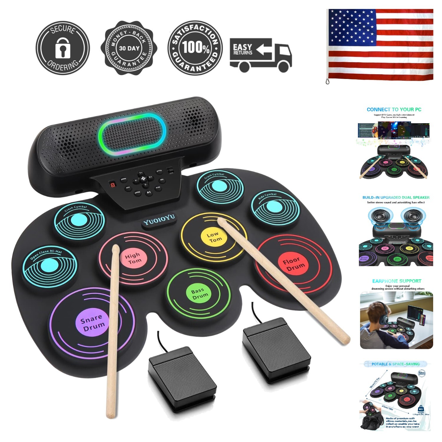 9-Pad Portable Electric Drum Set with Bluetooth and LED Lights - Rechargeable...