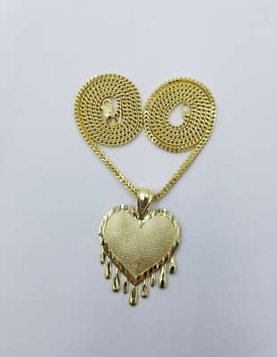 Real 10k Yellow Gold Charm Pendant Dripping heart with Franco Chain 22'' 2mm