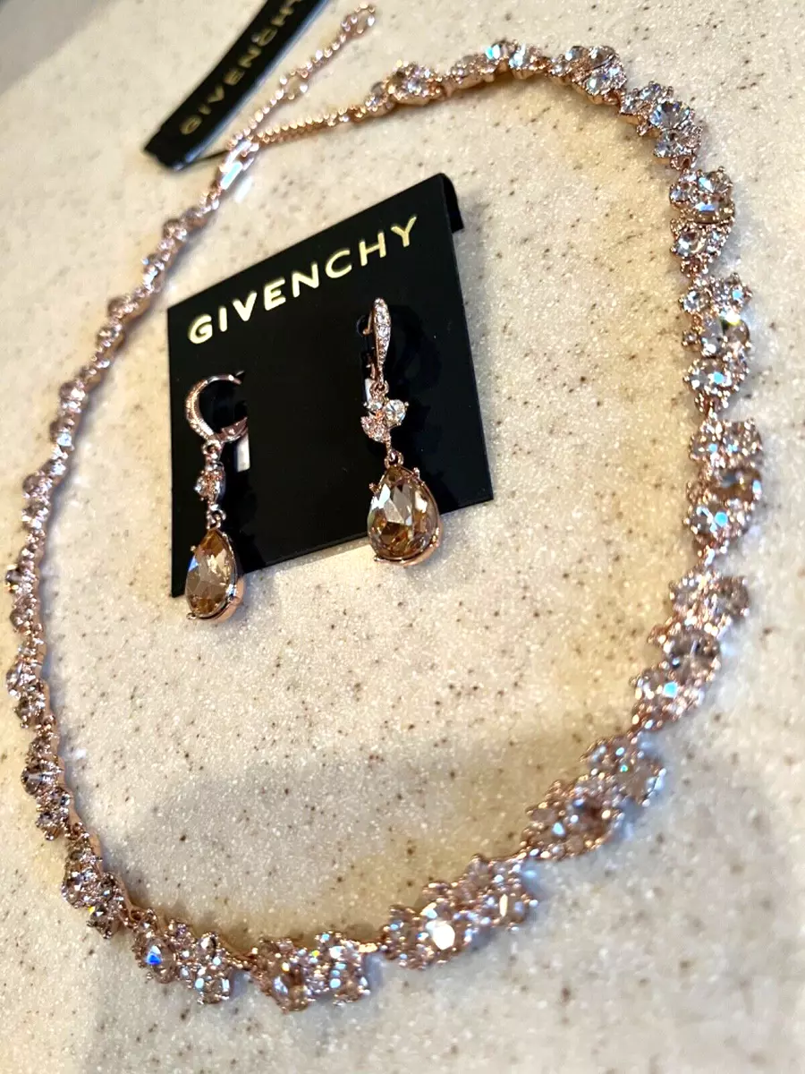NWT Givenchy Rose Gold Earrings crystal cluster collar Necklace Set