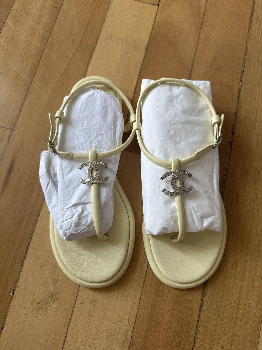 NEW CHANEL LIGHT YELLOW LEATHER SILVER LOGO THONGS FLATS SANDALS