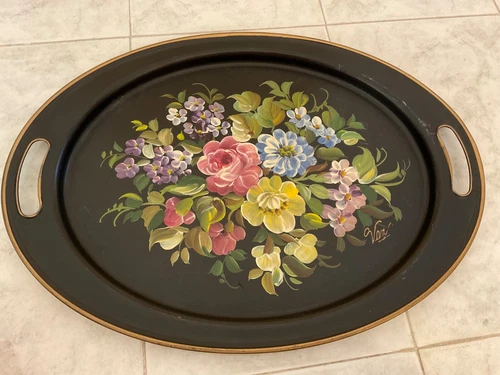 Vintage Nashco Black Hand Painted “VAN” Tole Tray Signed