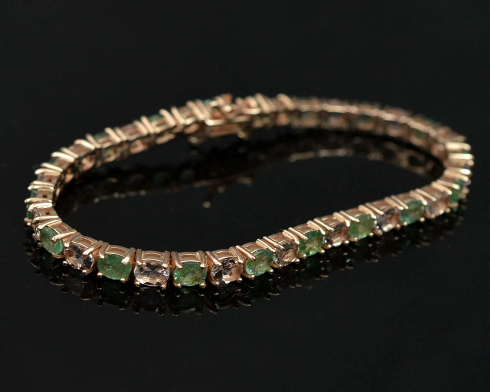 Brazalete nupcial tenis de plata de ley 925 con piedras preciosas de morganita natural y esmeralda Foto 2 de 4