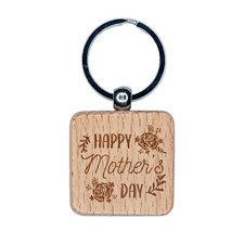 Happy Mother's Day Framed in Roses Engraved Wood Square Keychain Tag Charm