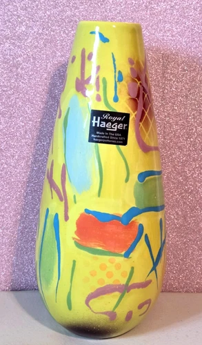 2004 Royal Haeger Yellow Abstract Art Vase Multicolor USA 12"