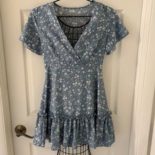 Women's Blue Floral Ruffle Hem Mini Dress Short Sleeve V Neck Cottagecore