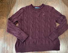 Polo Ralph Lauren Women Medium Burgundy Cable Knit Crewneck Sweater Cotton Pony