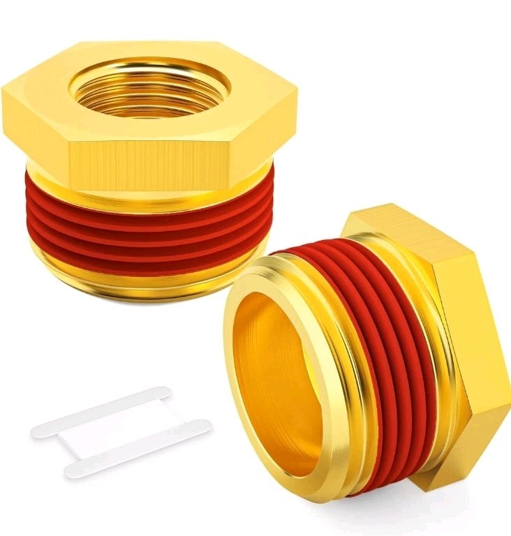 2Pcs Brass Reducer Hex Bushing 1" NPT Male x 1/2" Female Pipe Fitting w/Seal
