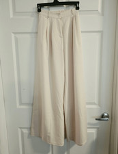 Women's Beige Solid Wide-Leg Dress Pants Pleated Front Elastic Waist Button Zip