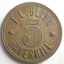 F. L. Blinn Haverhill MA Cigar and Pool Hall 5 Cents  brass  25 mm XF  #34