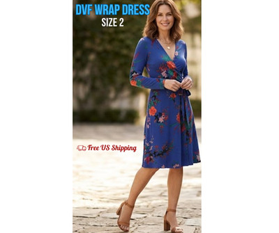 Diane Von Furstenberg Wrap Dress Size 2 Blue Floral V-Neck Long Sleeve